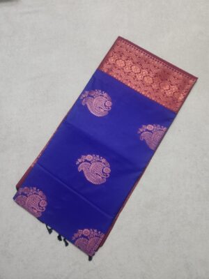 Arani Soft Silk Saree With Blouse Piece - Dark Blue - Image 3