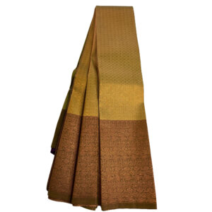 Kanjivaram Traditional Korvai Silk Saree - Golden Green with Purple - Image 2