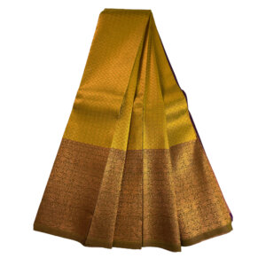 Kanjivaram Traditional Korvai Silk Saree - Golden Green with Purple - Image 3