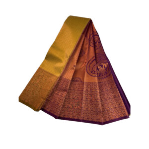 Kanjivaram Traditional Korvai Silk Saree - Golden Green with Purple - Image 4