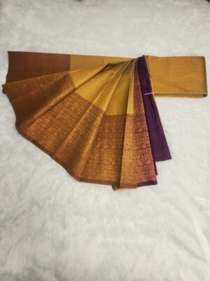 Kanjivaram Traditional Korvai Silk Saree - Sandal with Purple