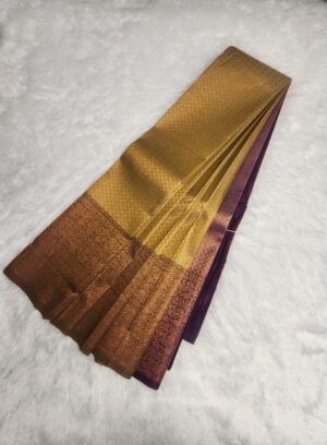 Kanjivaram Traditional Korvai Silk Saree - Sandal with Purple - Image 3