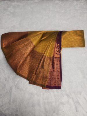 Kanjivaram Traditional Korvai Silk Saree - Golden Green with Purple