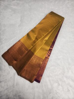 Kanjivaram Traditional Korvai Silk Saree - Golden Green with Purple - Image 3