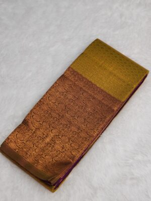 Kanjivaram Traditional Korvai Silk Saree - Golden Green with Purple - Image 2