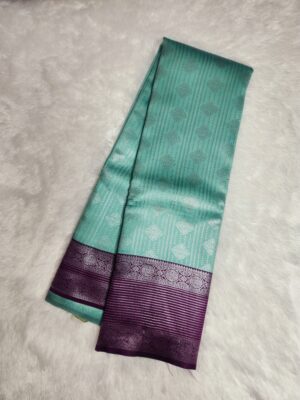 Silver Silk saree - Green with Purple - Image 3