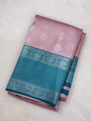 Silver Silk saree - Pink with Cyan