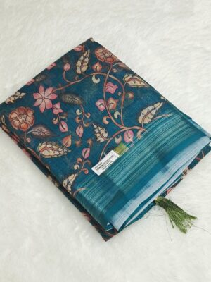 Hand Block Batiq Print Cotton Linen Saree - Peacock Blue