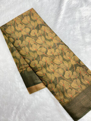 Semi Tussar Soft Silk saree - Green with Burnt Yellow - Image 3