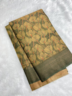 Semi Tussar Soft Silk saree - Green with Burnt Yellow - Image 2