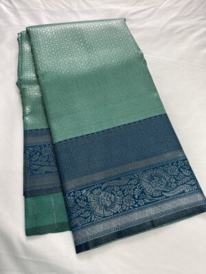 Silver Silk saree - Turquoise Green - Image 3