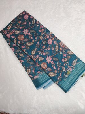 Hand Block Batiq Print Cotton Linen Saree - Peacock Blue - Image 2