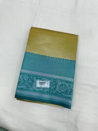 Silver Silk saree - Olive Yellow with Cyan