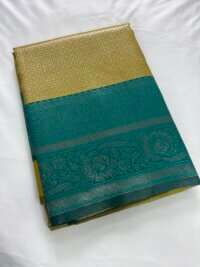 Silver Silk saree - Olive Yellow with Cyan