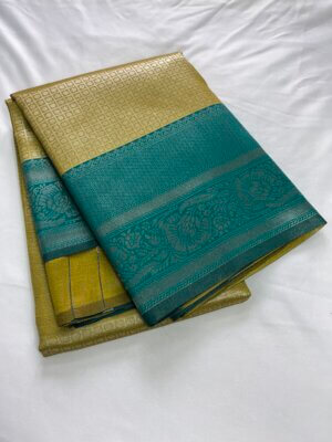 Silver Silk saree - Olive Yellow with Cyan - Image 2