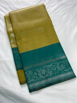 Silver Silk saree - Olive Yellow with Cyan - Image 3
