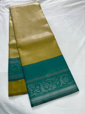 Silver Silk saree - Olive Yellow with Cyan - Image 4