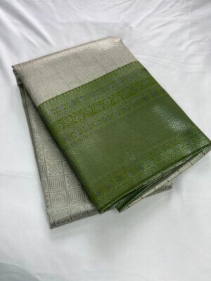 Silver Silk saree - Silver with Green - Image 2