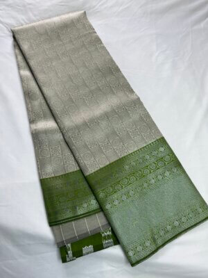 Silver Silk saree - Silver with Green - Image 4