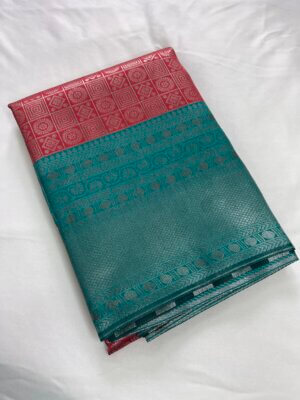 Silver Silk saree - Pink with Cyan