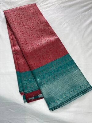 Silver Silk saree - Pink with Cyan - Image 4