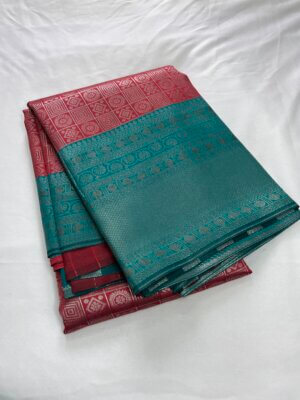 Silver Silk saree - Pink with Cyan - Image 2