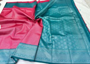 Silver Silk saree - Rani Pink - Image 2