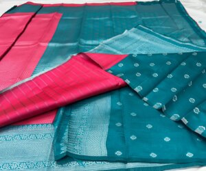 Silver Silk saree - Rani Pink - Image 4